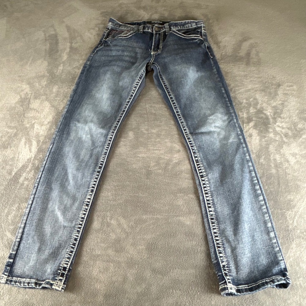 True Luck Mens Straight Leg Jeans Blue Medium Wash Thick Stitch 30x32 Stretch